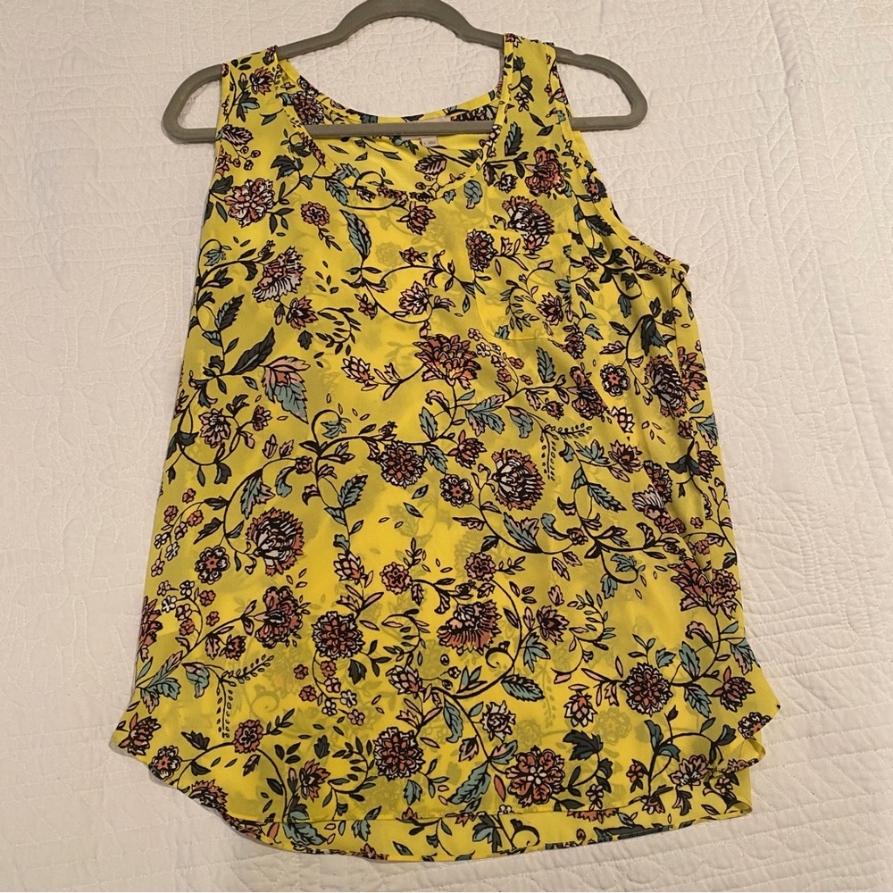 LOFT Outlet Yellow Floral Summer Blouse Large | Yellow Sleeveless Blouse Florals